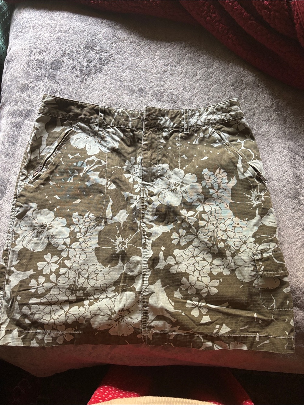 Eddie Bauer Floral Cargo Mini Skirt in Olive and Cream